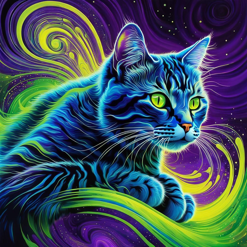 Surreal Electric Blue Cat in Psychedelic Art