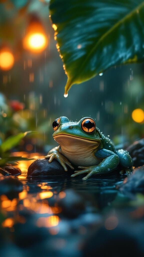 Frog Sheltering From Rain: Photorealistic Forest Scene