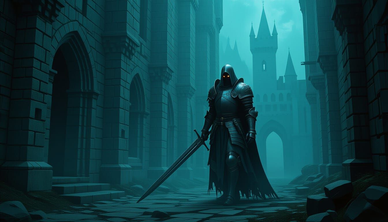 Ghostly Knight Haunting Castle Halls in Bio-Mechanical Style