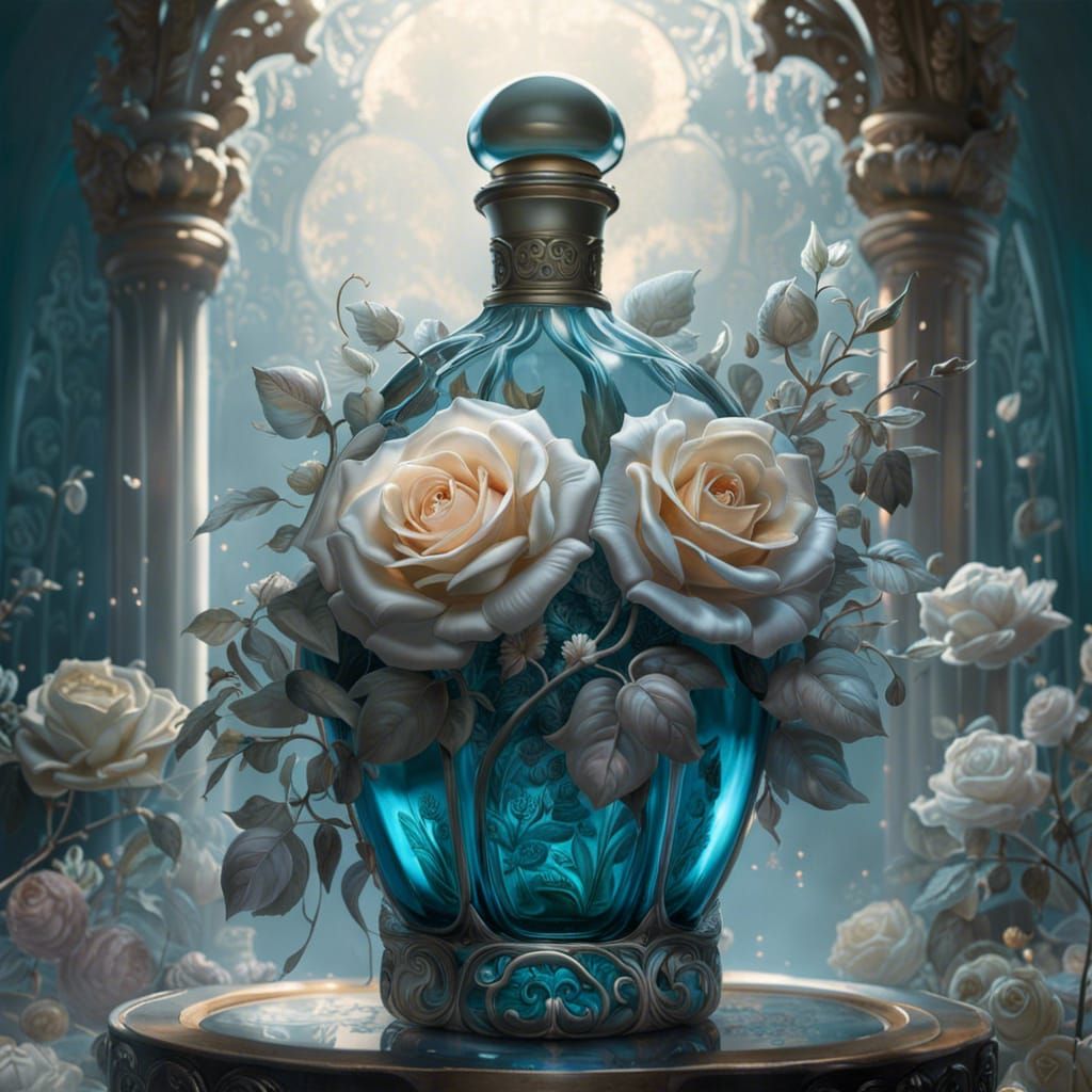Silver Roses in Ornate Glass Bottle: Digital Illustration