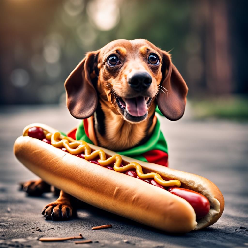 Weiner Dog in Hotdog Costume Eating Hotdog