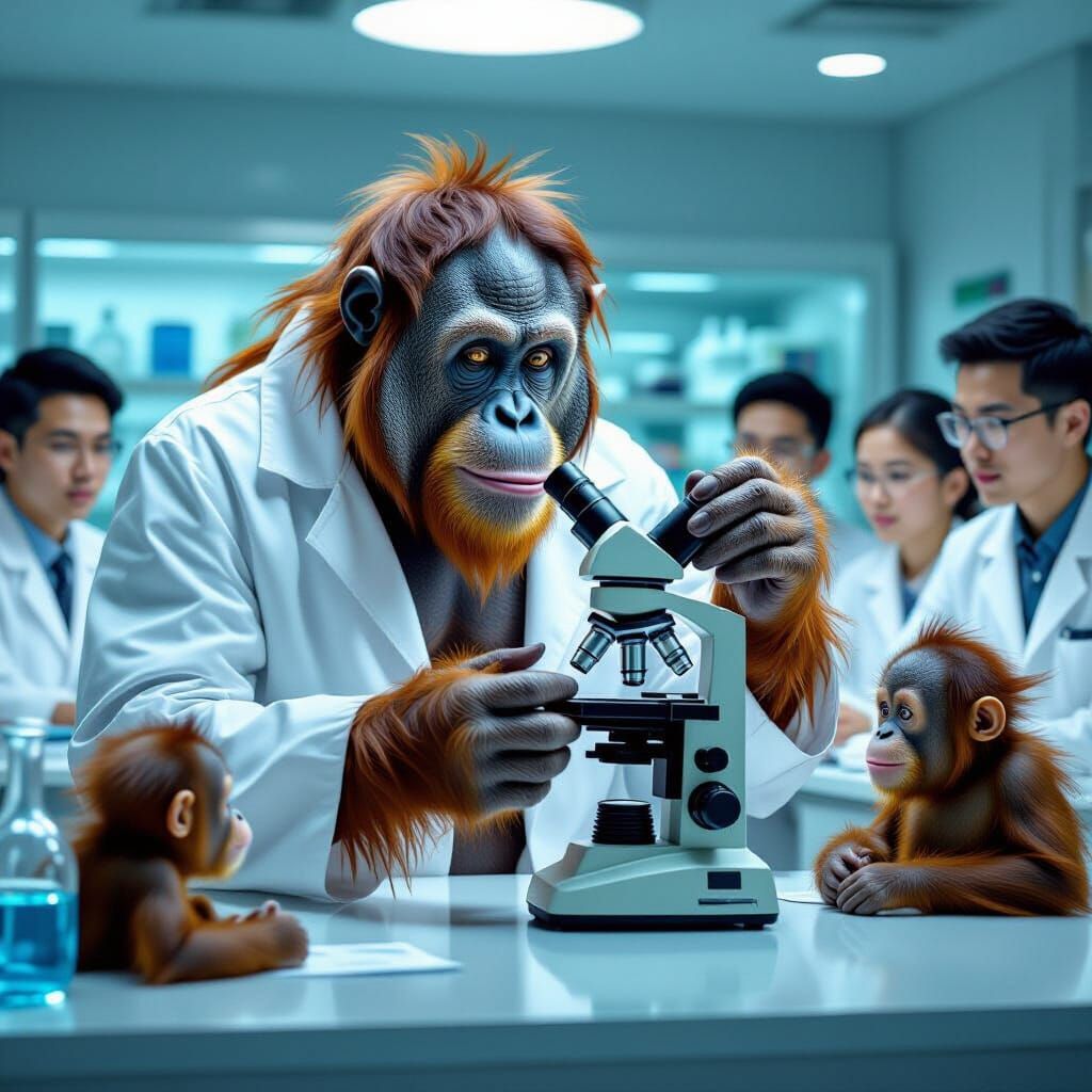 Orangutan Scientist Leading Class in Lab