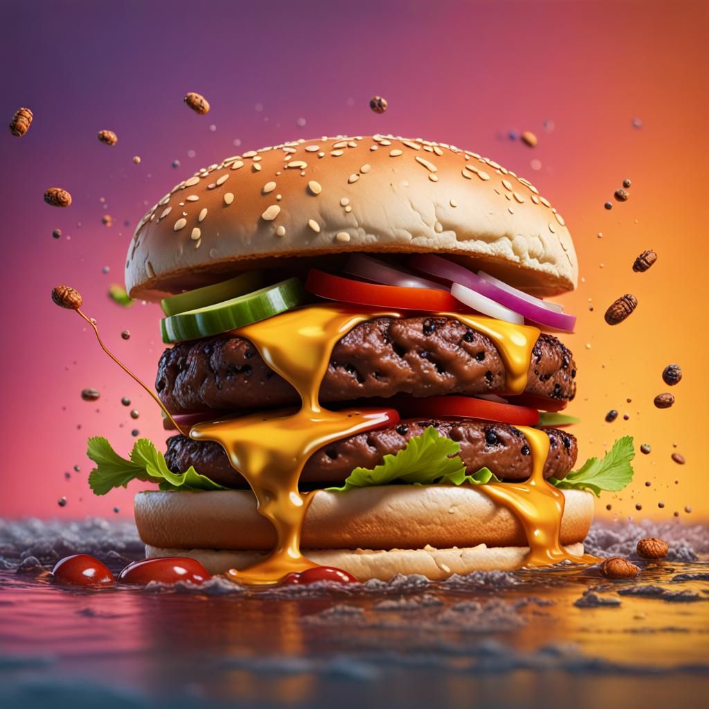 A bugs eye view of a burger as he comes in to land on it. Hyperrealistic, splash art, concept art, mid shot, intricatel...