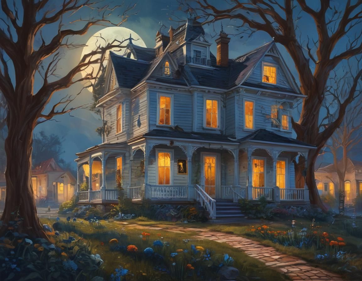 Cozy Haunted House in Vibrant Oil Painting Style