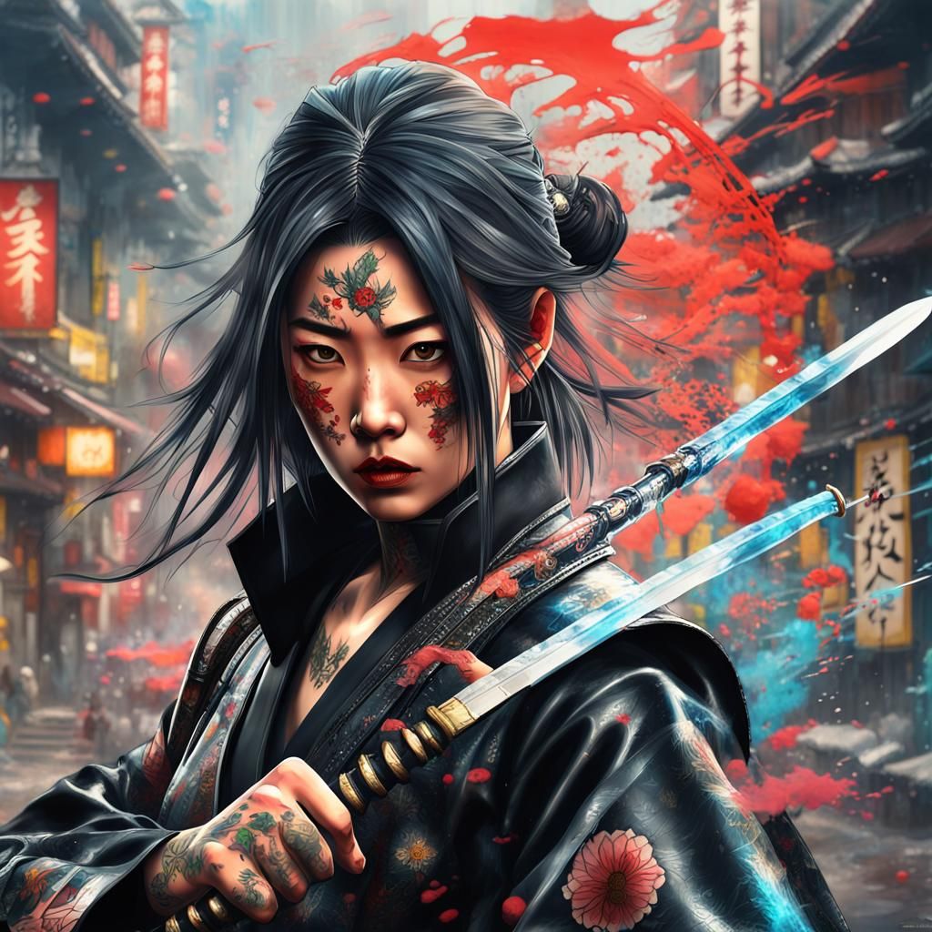 Samurai Woman with Yakuza Tattoos in Street Art Style