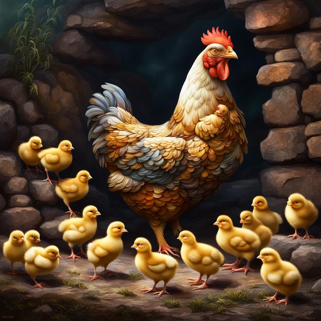 Gemstone Mother Hen and Chicks: Digital Art