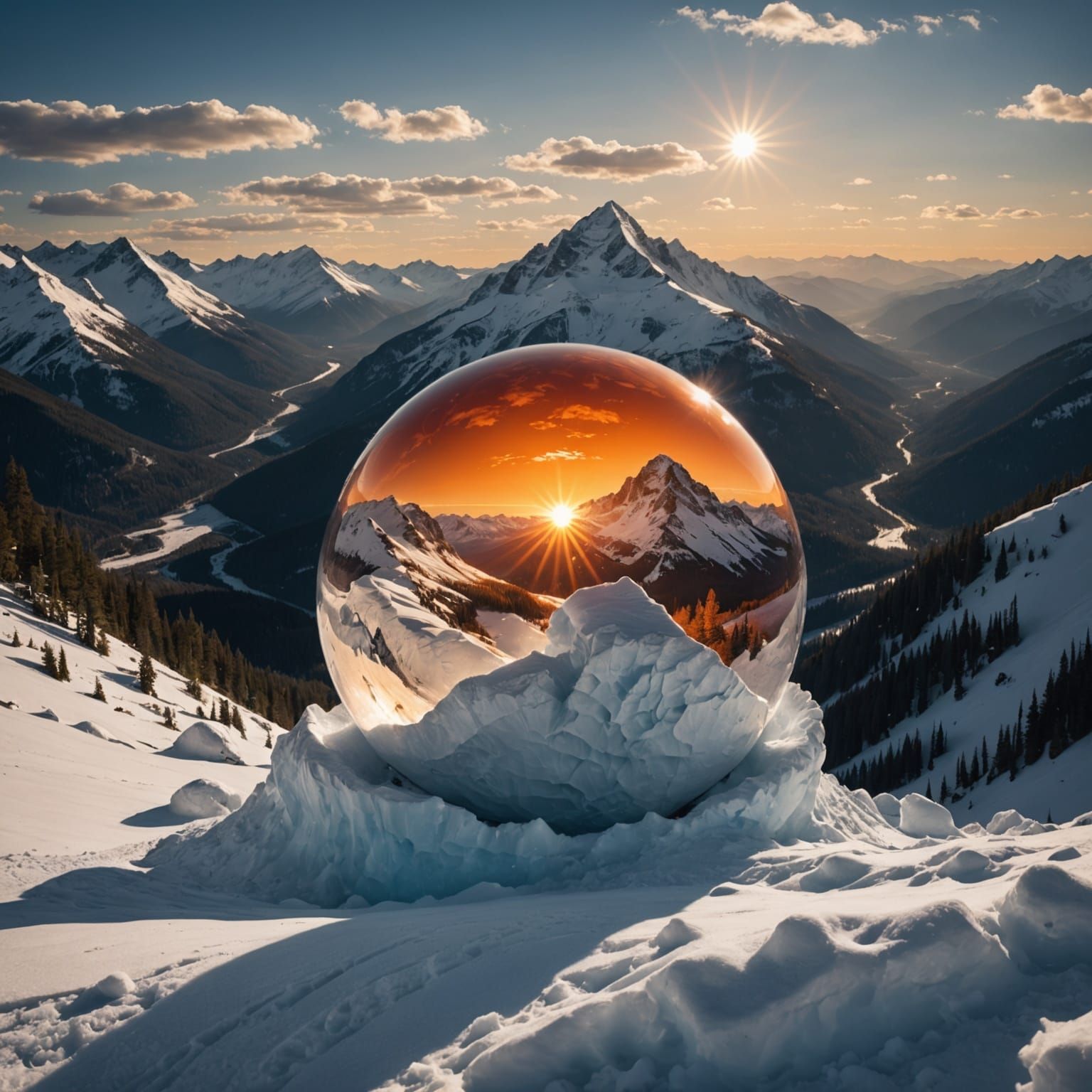 Snowball Rolling Down a Mountain at Sunset