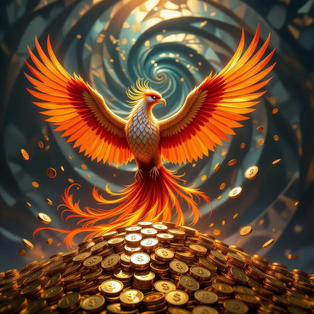 Majestic Phoenix Rises from Gold Coins, Feathers of Banknote...