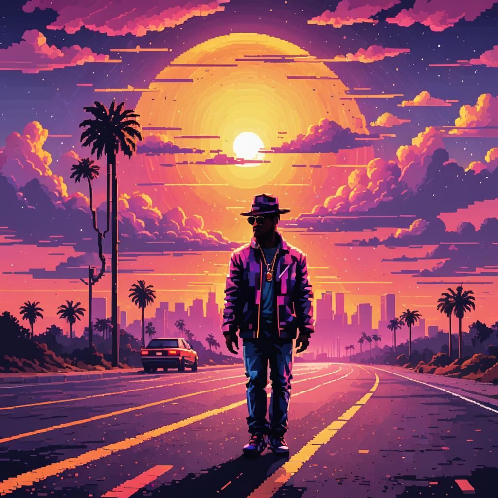Pimp Diddy at Sunset: Coarse Pixelated Synthwave Art