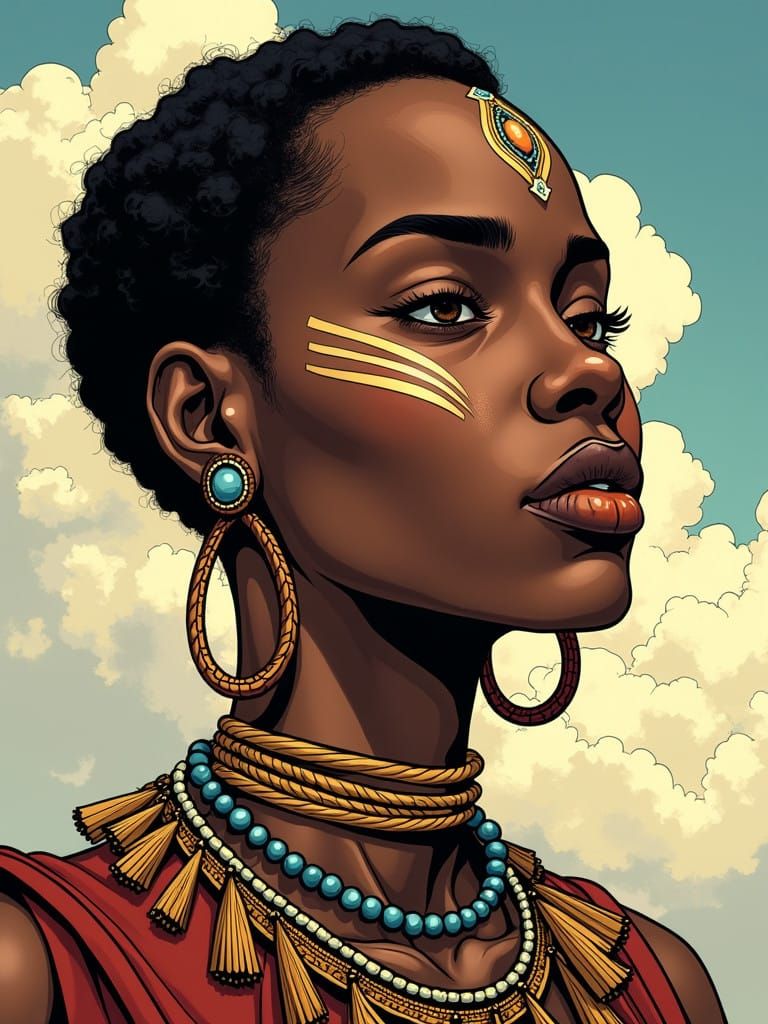 Comic Book-Inspired Portrait of African Woman with Tribal Ma...
