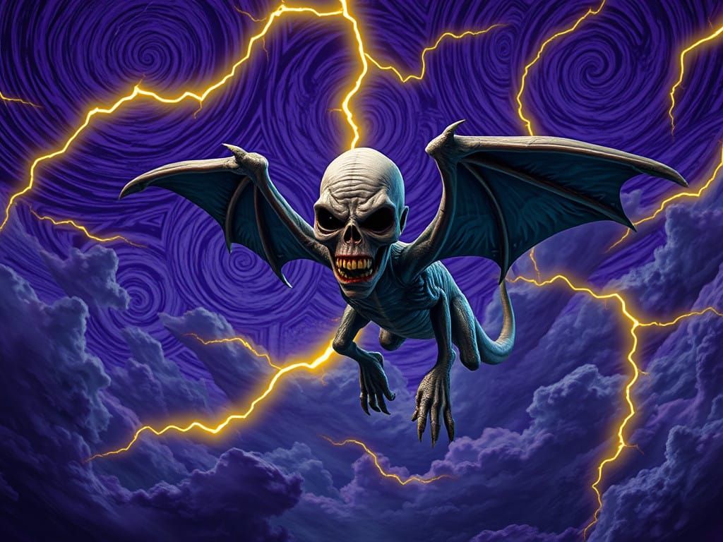 Surreal Gothic Creature Takes Flight Among Neon Lightning