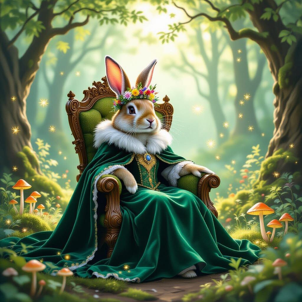 Regal Rabbit Queen on Mossy Throne in Enchanted Forest