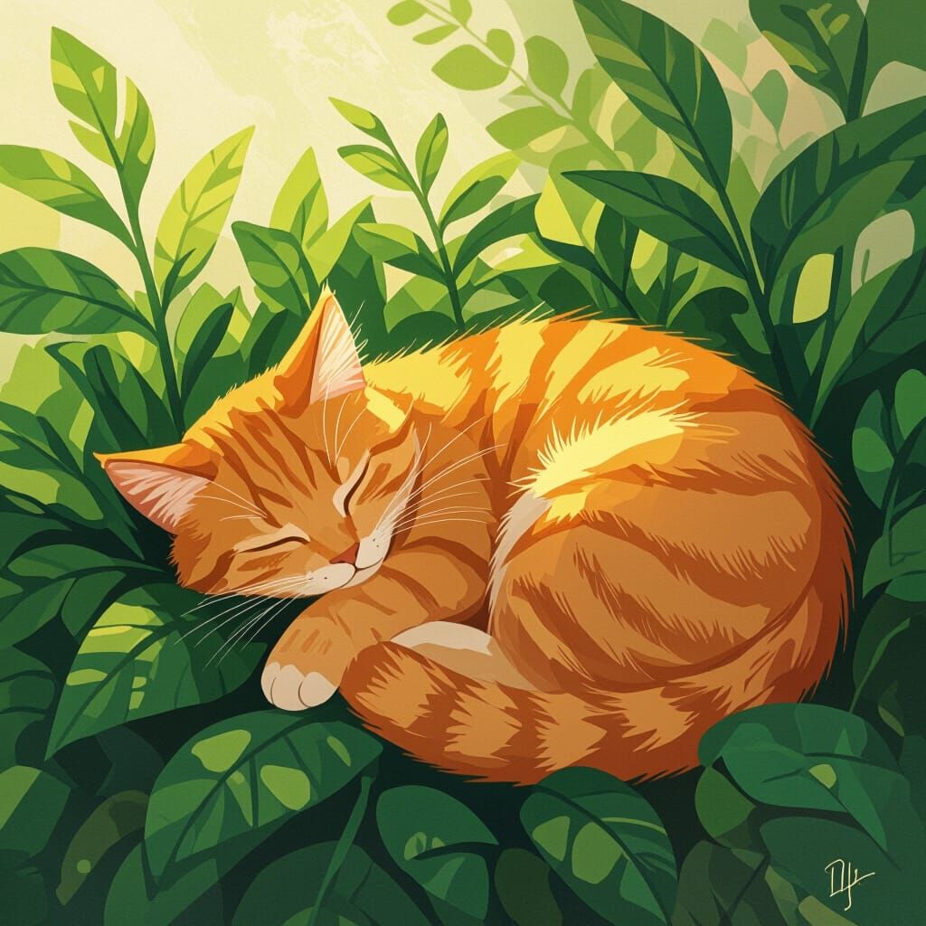 Orange Cat Sleeps Peacefully in Lush Green Plant