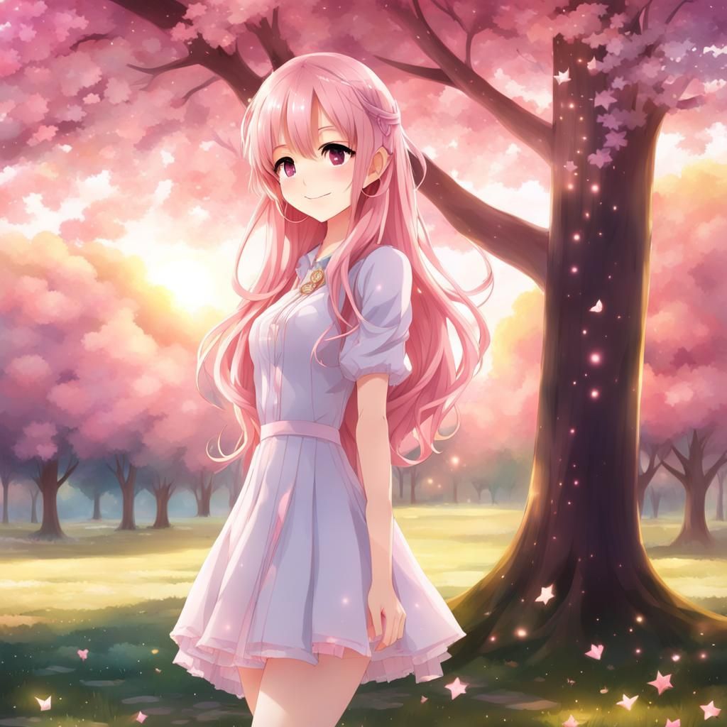 Blushing Anime Girl in Space with Pink Hair