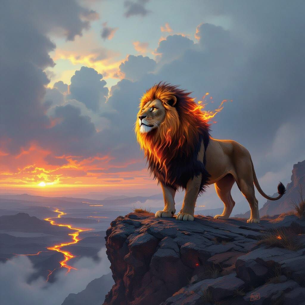 Fiery Lion Overlooking Volcanic Landscape