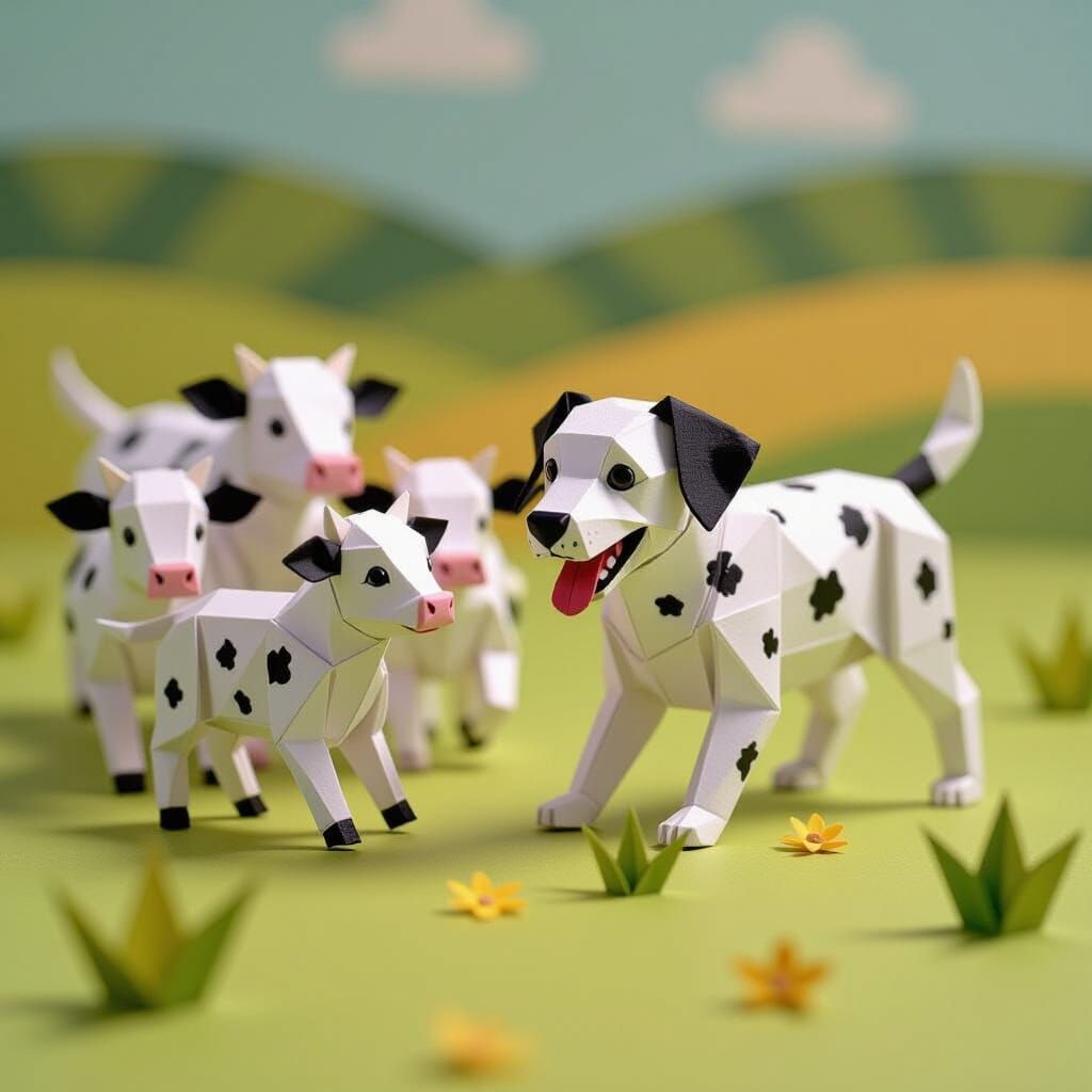 Origami Dalmatian Dog Follows Spotted Cows in Miniature Fiel...