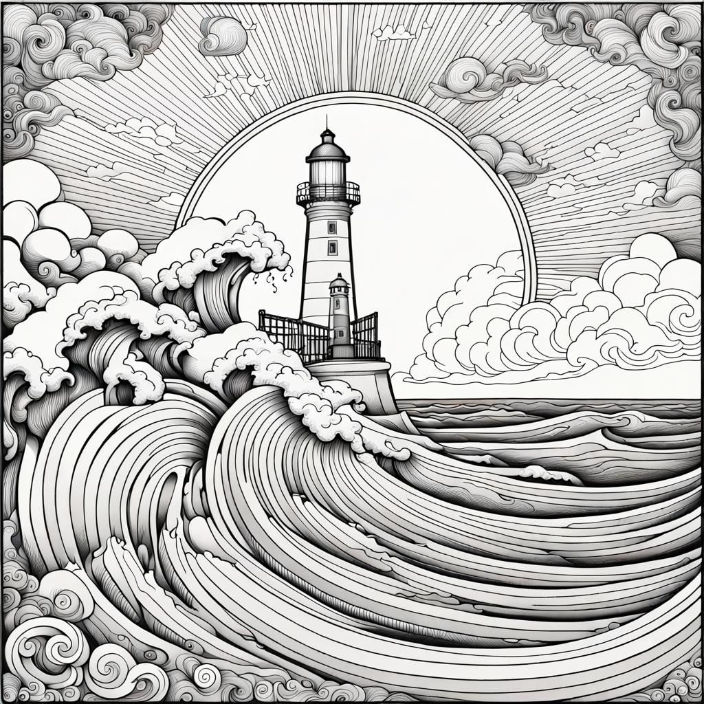 Line Art of An  Image of a Lighthouse and Dynamic Waves