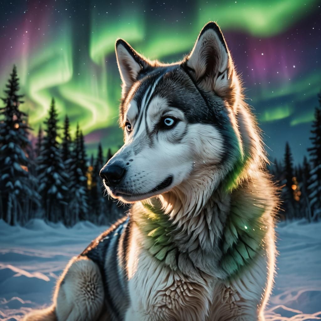Northern Lights Husky: Hyperrealistic Digital Art