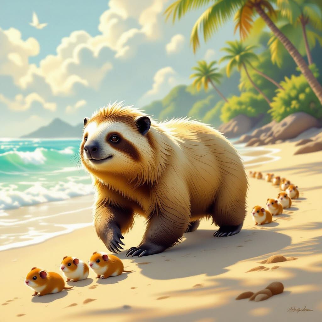 Sloth Capybara Hybrid with Guinea Pigs on Beach