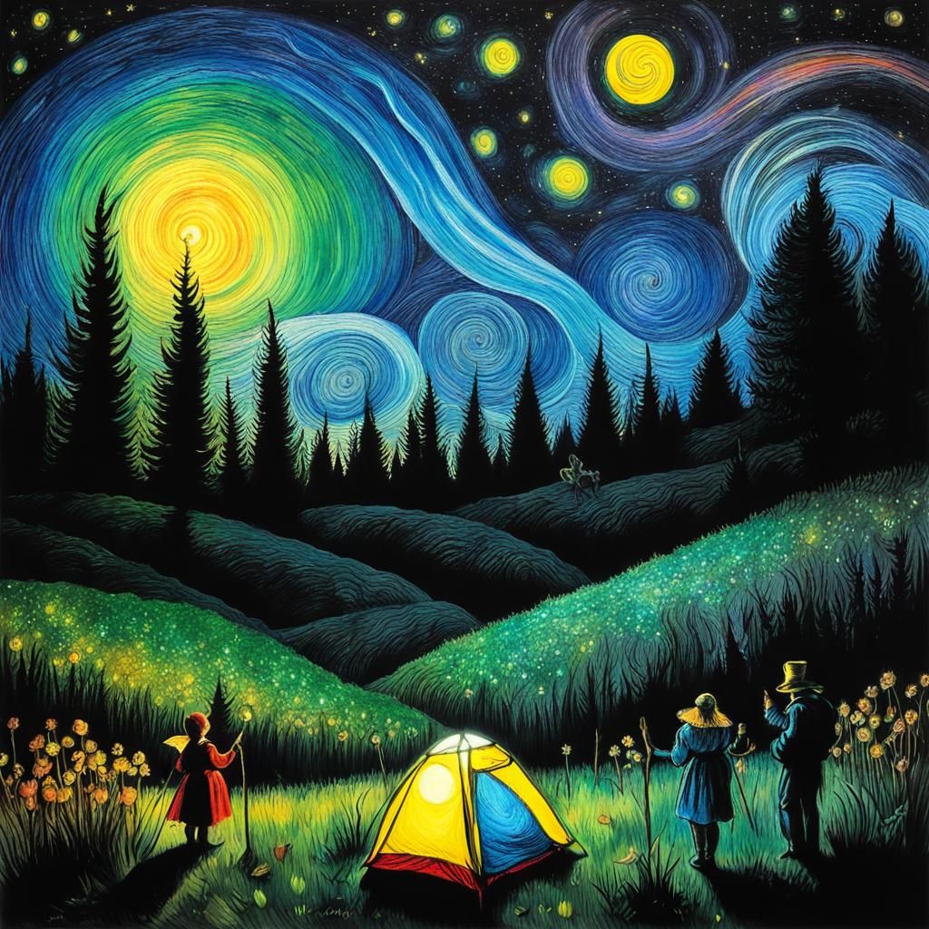 Fairies Under Starry Night in Childlike Surrealism