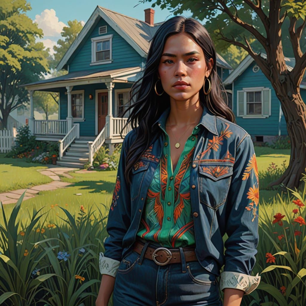 Native American Woman in Hyper-Realistic Bungalow Scene