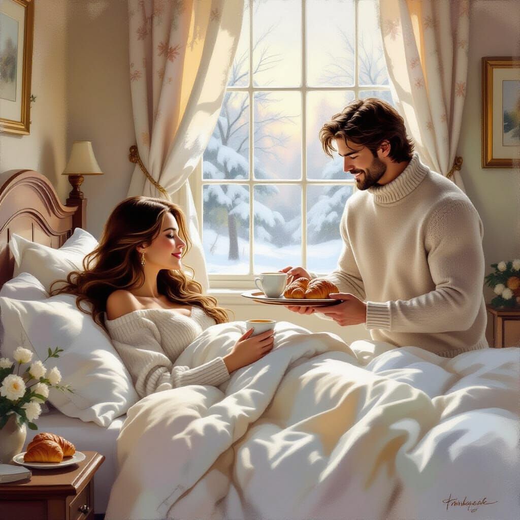 Cozy Winter Morning Bedroom Scene in Thomas Kinkade Style
