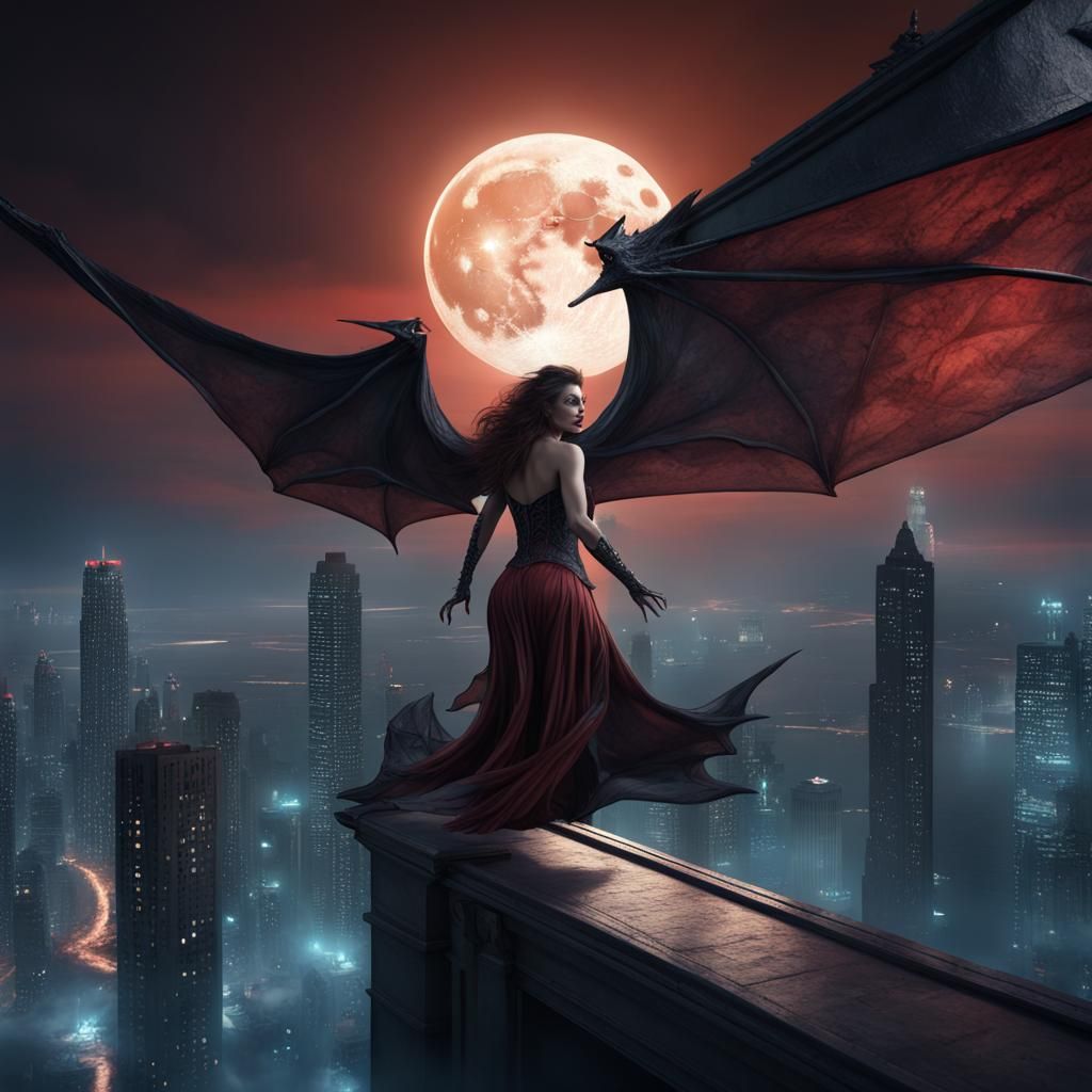 Vampire Woman Takes Flight Under Full Moon