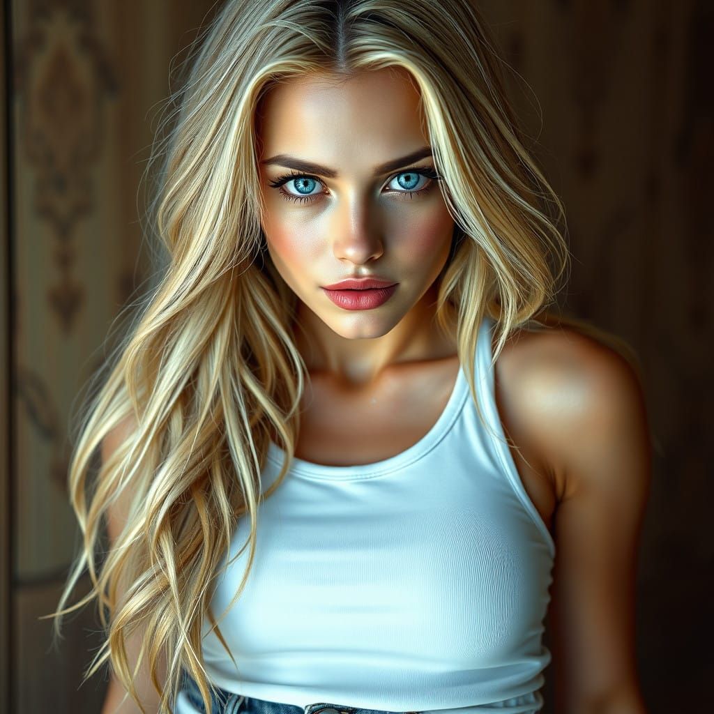Ethereal Beauty with Golden Locks and Piercing Blue Eyes in....