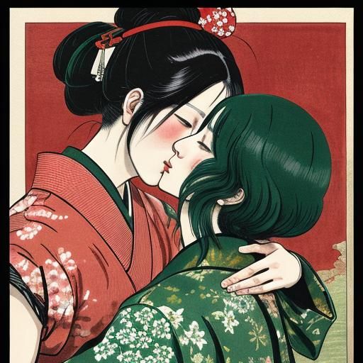 The Kiss: Japanese Woodblock Print in Gouache Style