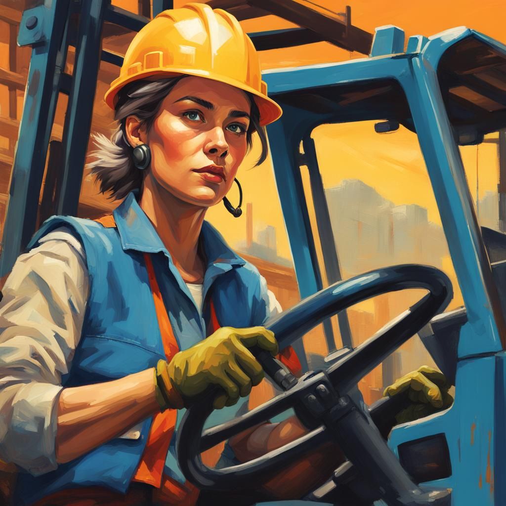 Tomboy Lesbian Driving Forklift: Digital Vintage Painting
