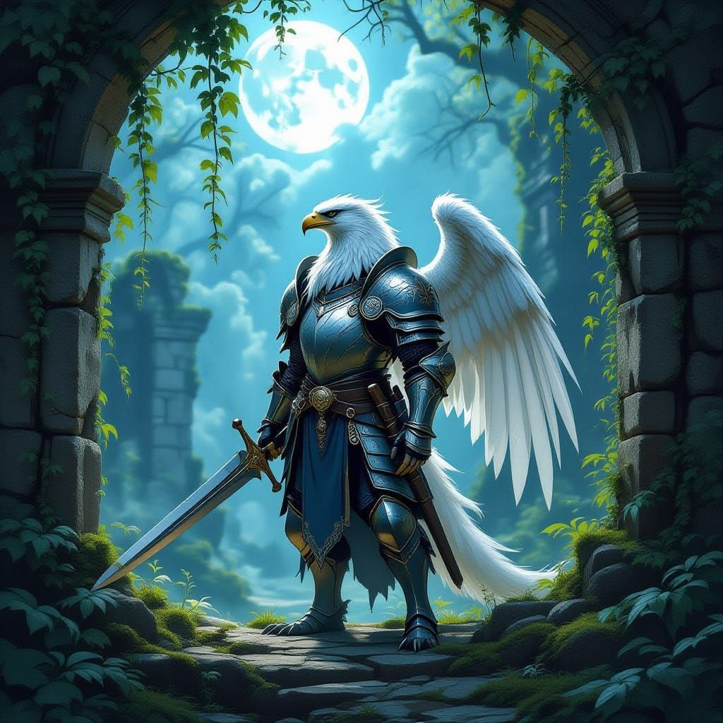 Majestic Griffin Knight Guards Moonlit Forest Clearing