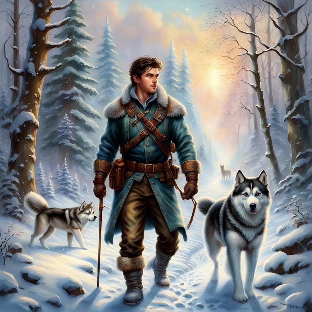 Ranger and Husky in Snowy Forest, Ethereal Style