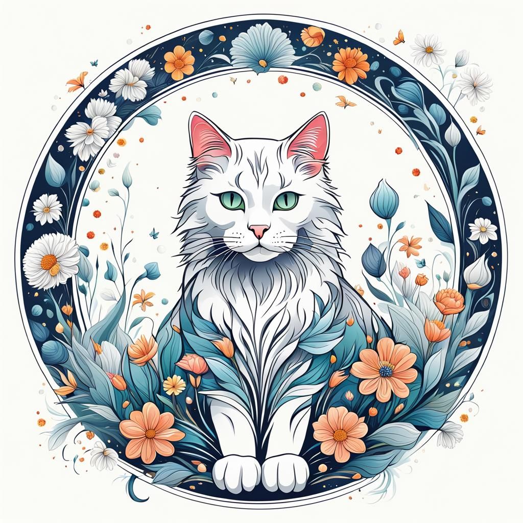 Art Nouveau White Cat with Floral Frame