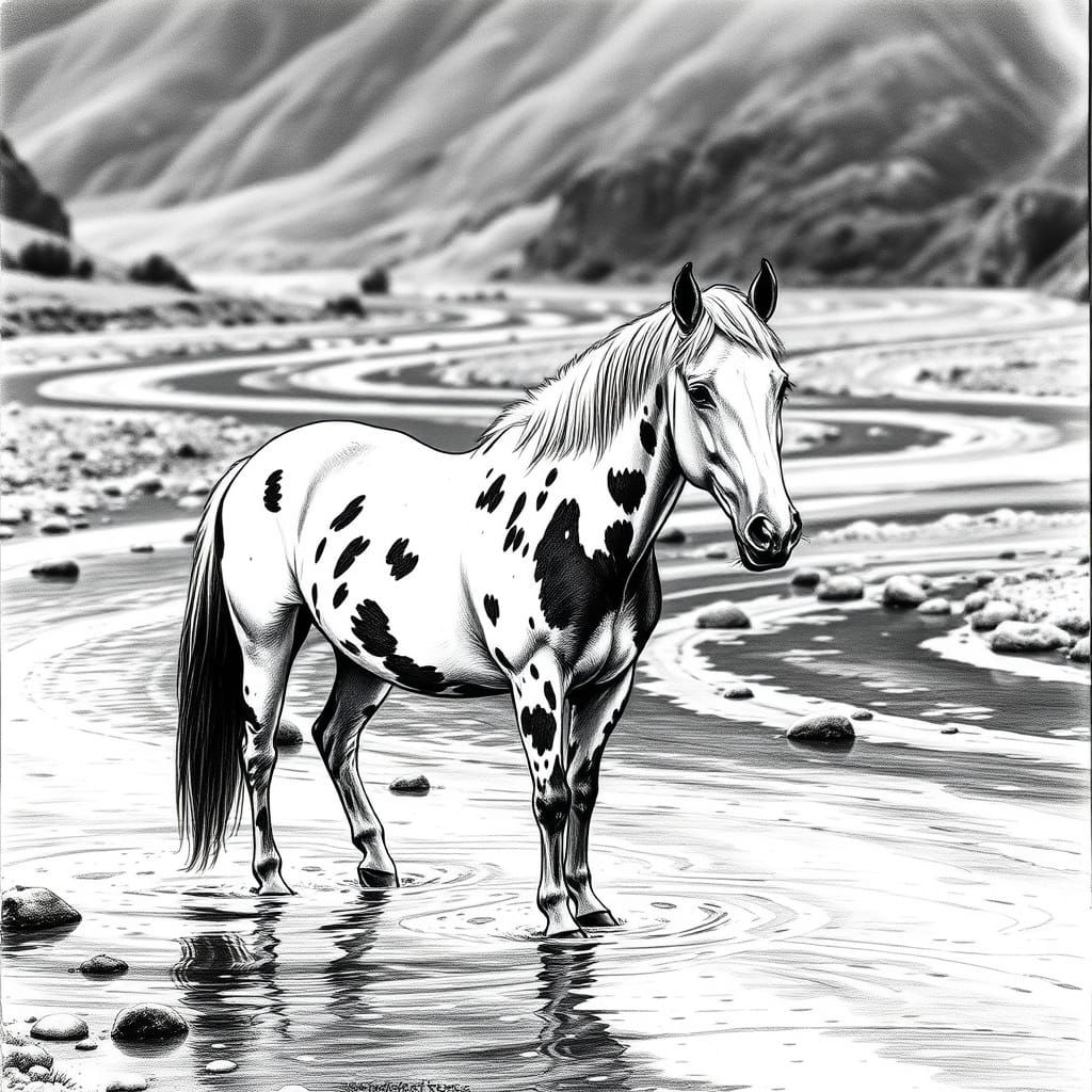 ink drawing of a piebald horse. Standing in a braided river ...