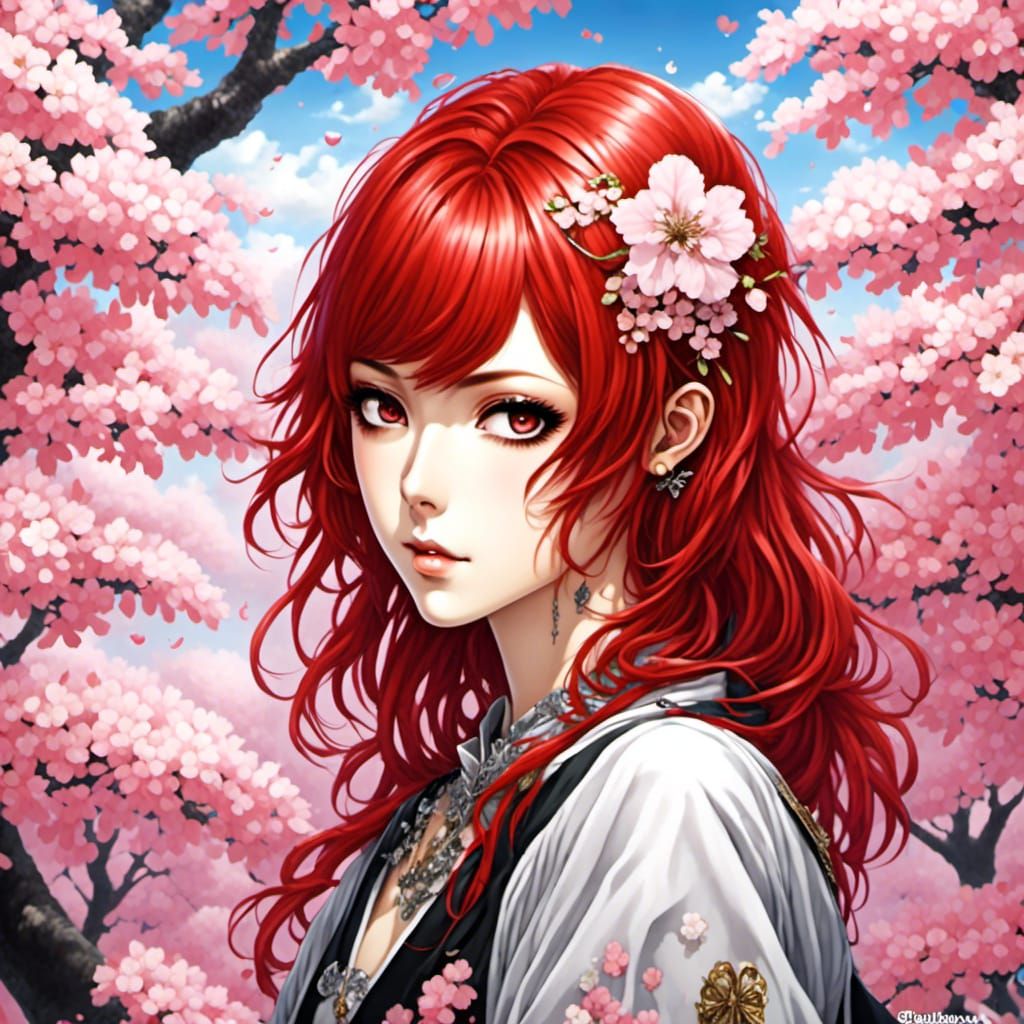 Cute Red-Haired Anime Idol with Sakura Flowers