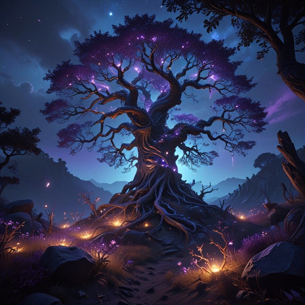 Enigmatic Tree of Ancient Magic under Starry Night