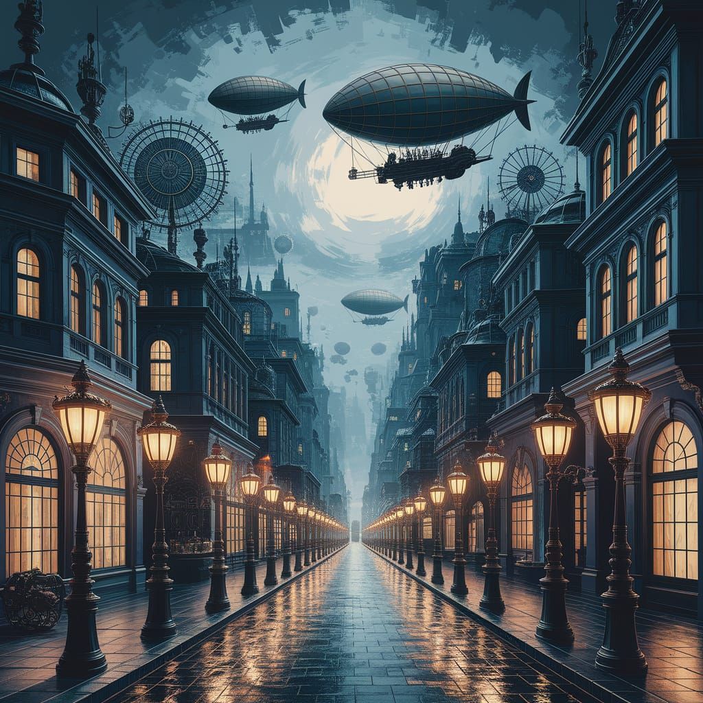 Steampunk City at Night as Impressionist Painting