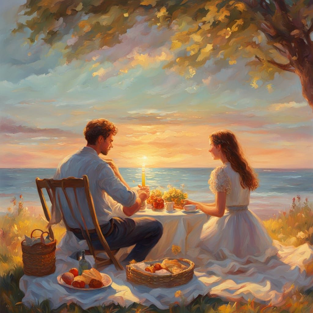 Romantic Seaside Picnic in Impressionist Style