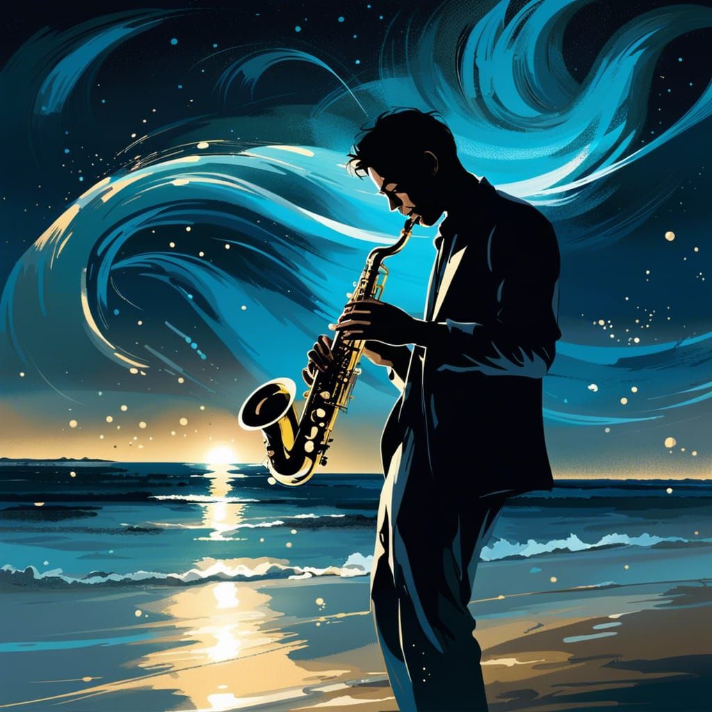 Saxophone Player at Midnight on Bioluminescent Beach