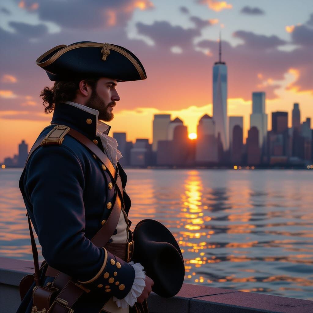 Continental Soldier Gazes at NYC Skyline at Sunset