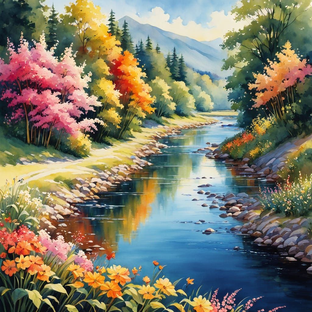 Vibrant Fae River Scene in Whimsical Watercolor