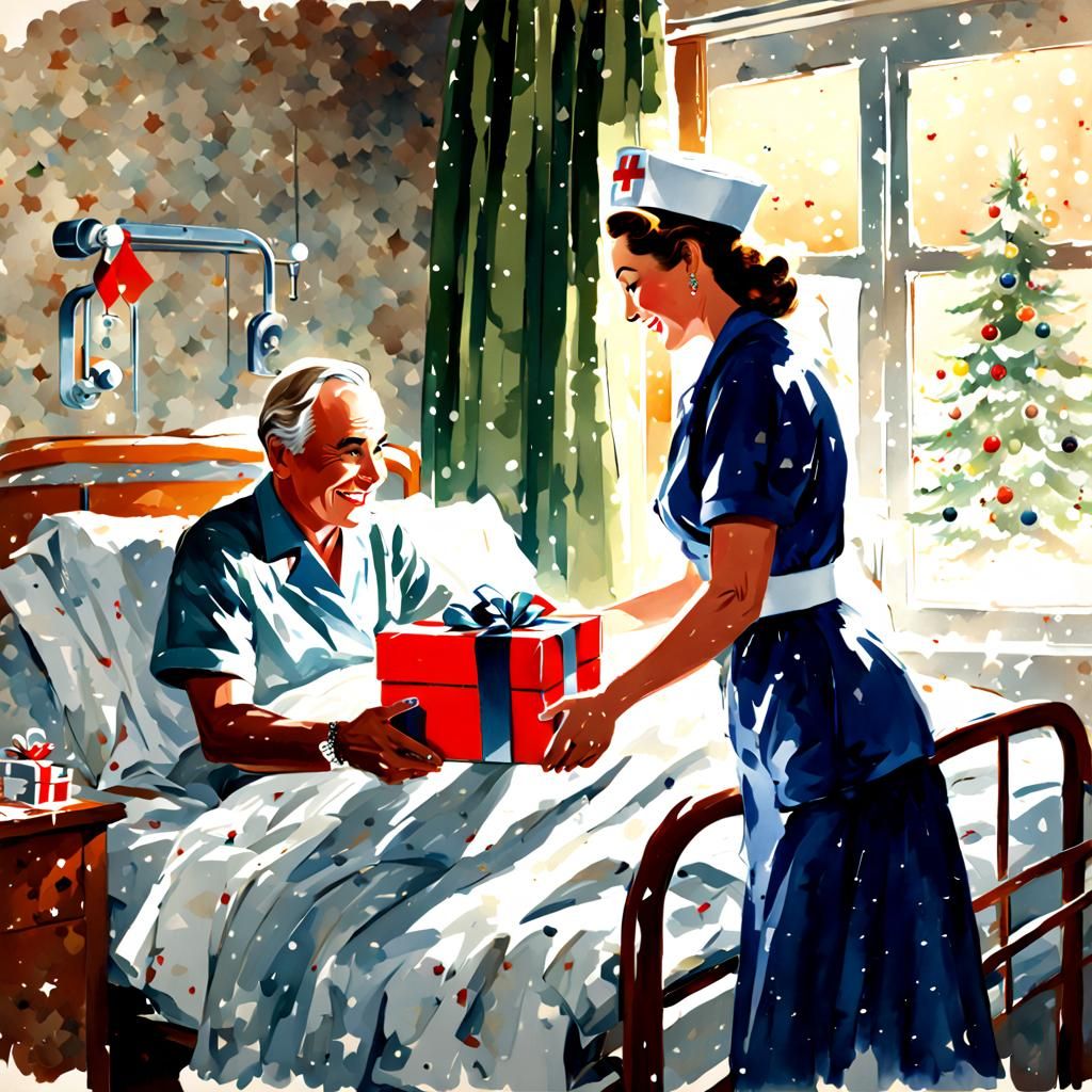 Vintage Nurse Brings Christmas Cheer, Watercolor Style