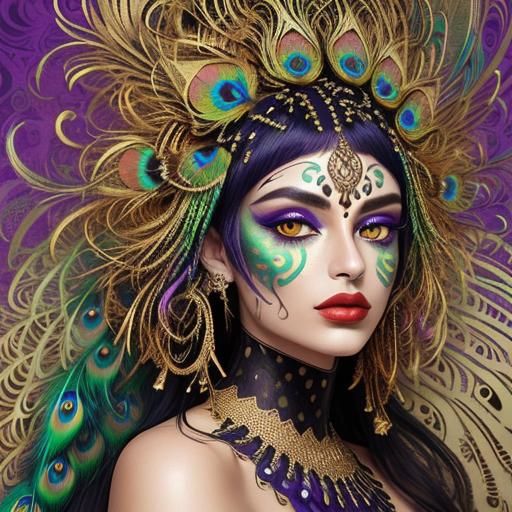 Metallic Woman with Peacock Feathers in Abstract Expressioni...