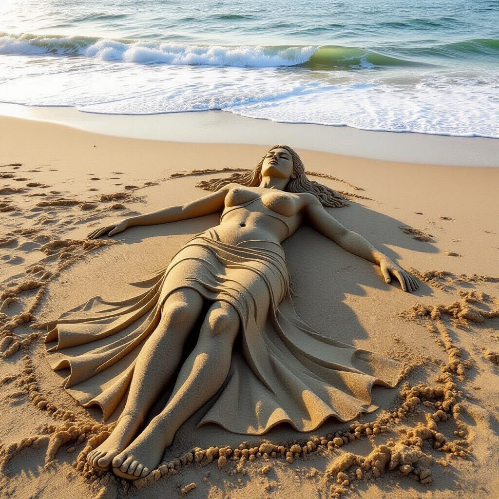 Human Sand Sculpture on Beach in Realistic Style
