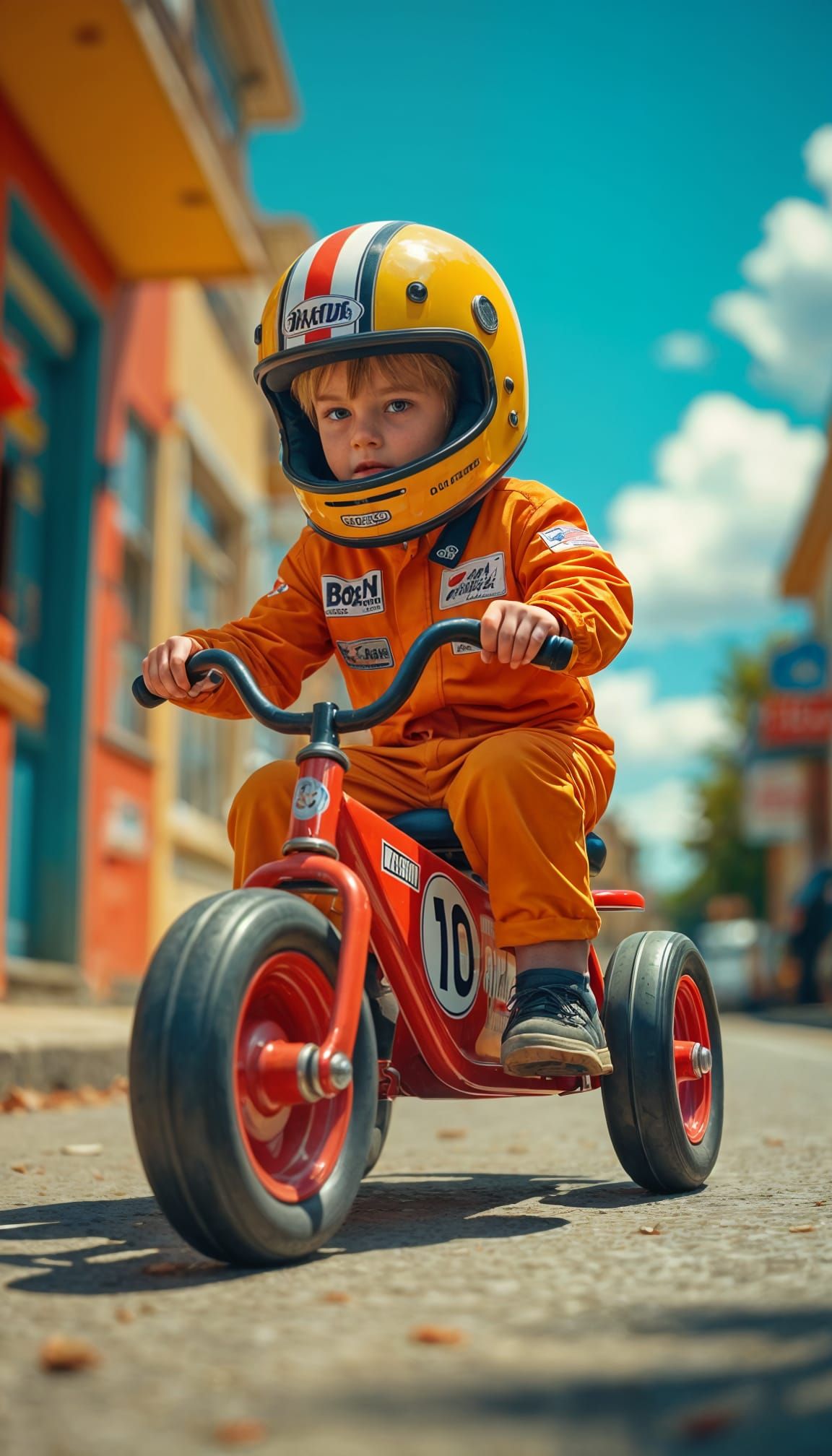 Boy Racecar Driver on Big Wheel