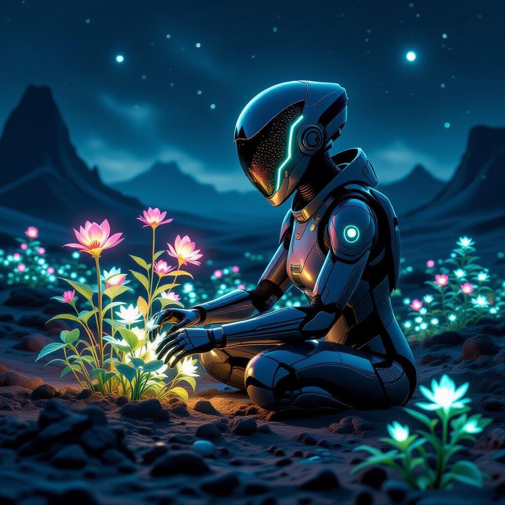 Bioluminescent Alien Botanist in a Desolate Landscape