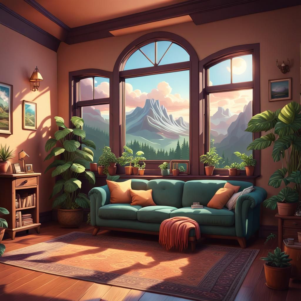 Cozy Lofi Room with Mountain View: Digital Matte Painting