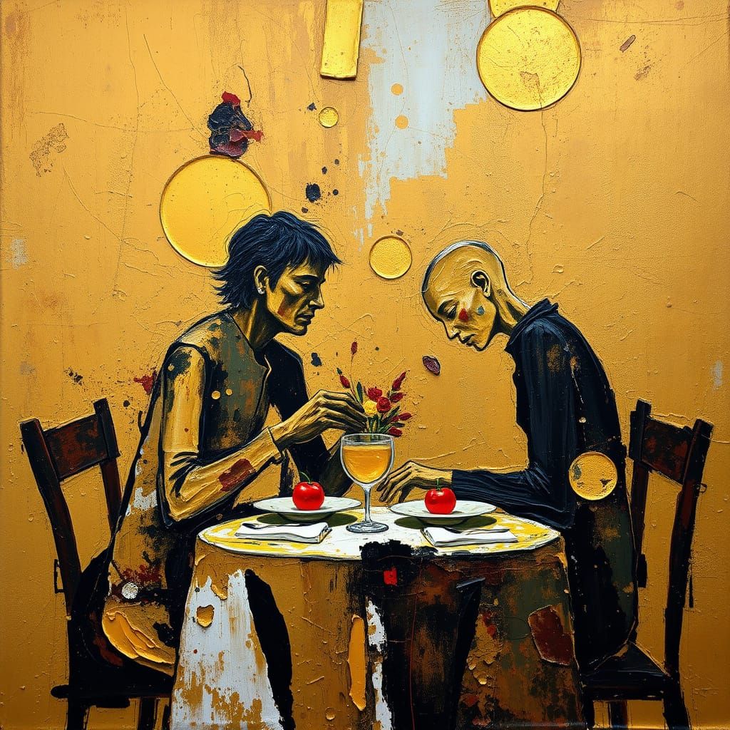 Abstract Expressionist Couple's Dinner in Gold
