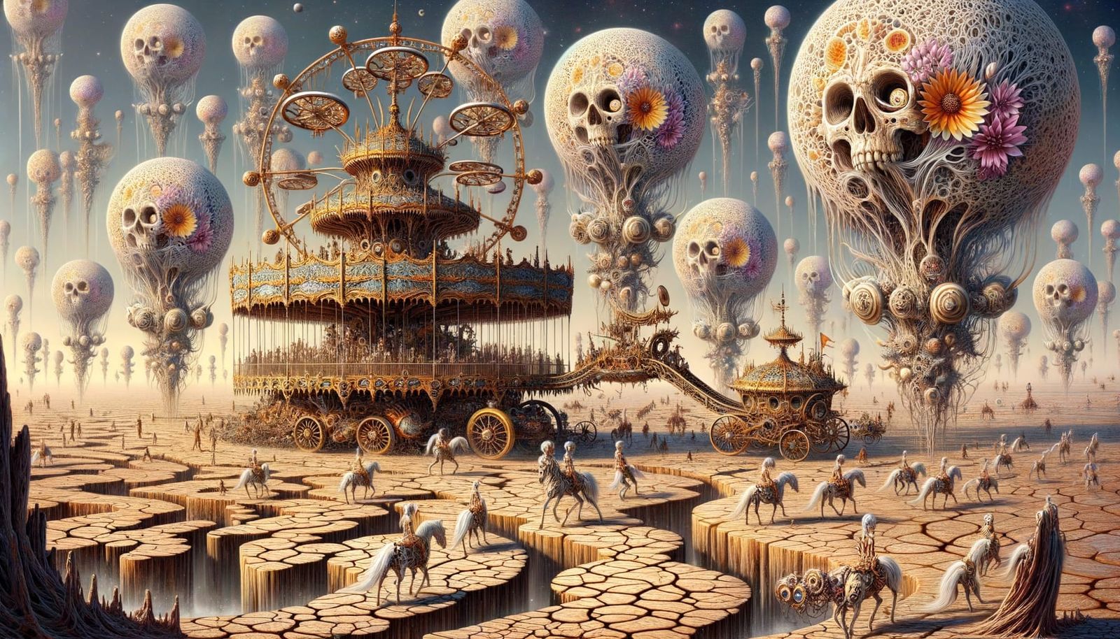 Dystopian Desert Carousel with Skull Flowers