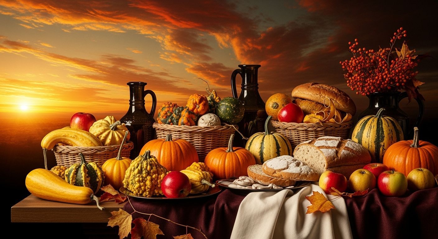 A festive harvest table set under the autumn sky